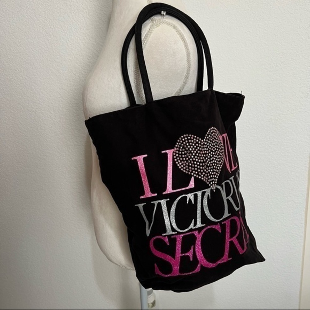 Victoria's Secret Black Brushed Canvas Graphic Rhinestone Glitter Logo Tote